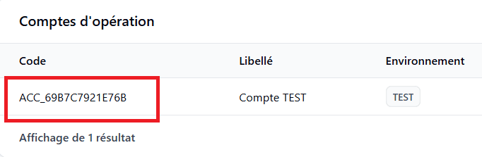 Emplacement du code du compte d'opération